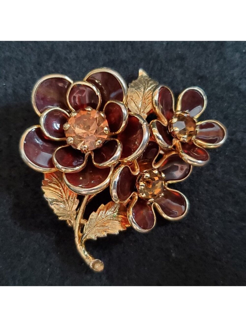 Vintage Flower Brooch Floral Gold Tone Brown Lucite Rhinestone 2"